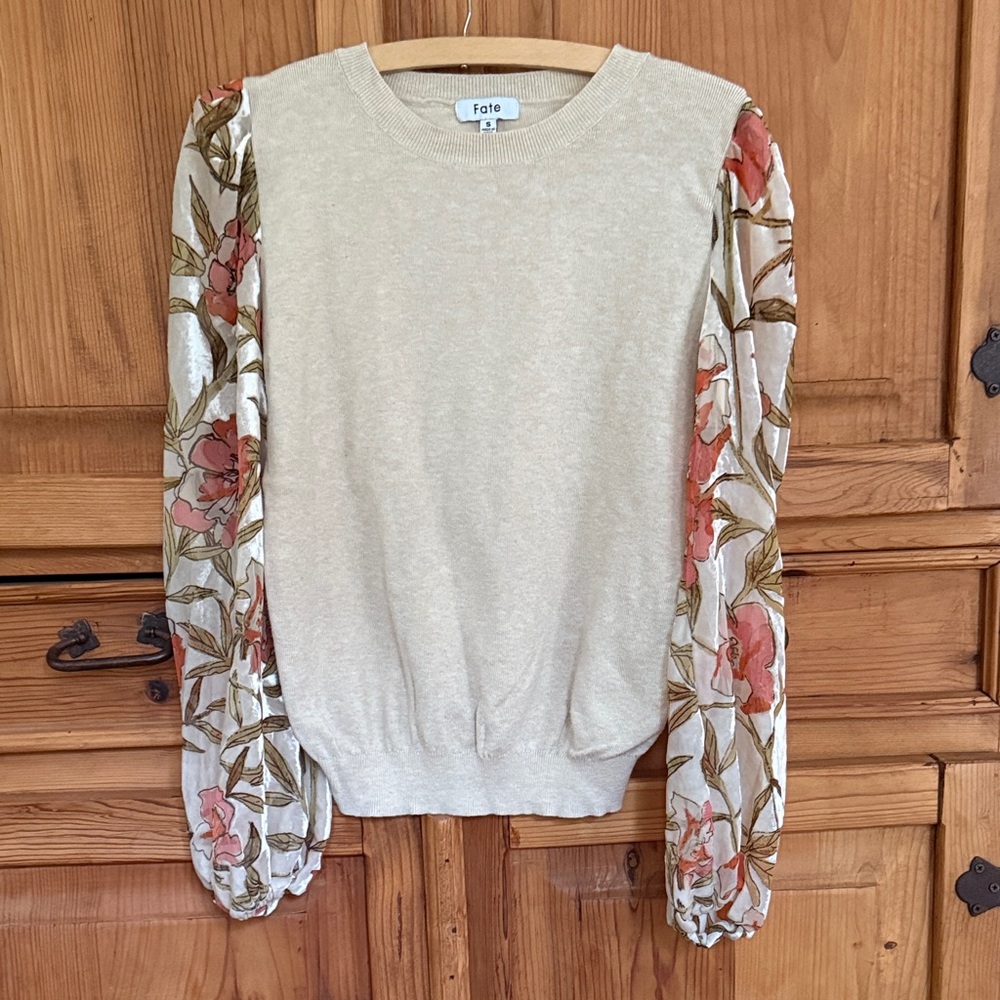 Fate Cream Sweater with Floral Sleeves